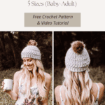 Woman wearing a crocheted macchiato beanie with a pom-pom, holding a mug outdoors. Discover the free Crochet Beanie Pattern and video tutorial in five sizes, from baby to adult.