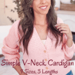Woman wearing a pink V-Neck Crochet Cardigan, smiling at the camera. Text on image promotes a free crochet pattern and video tutorial for the cardigan in 9 sizes and 3 lengths.