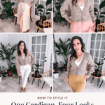A collage showcasing four outfits styled with the same V-neck crochet cardigan, paired with a skirt, pink trousers, white jeans, and a mustard skirt, titled: “How to Style It: One Cardigan, Four Looks.”