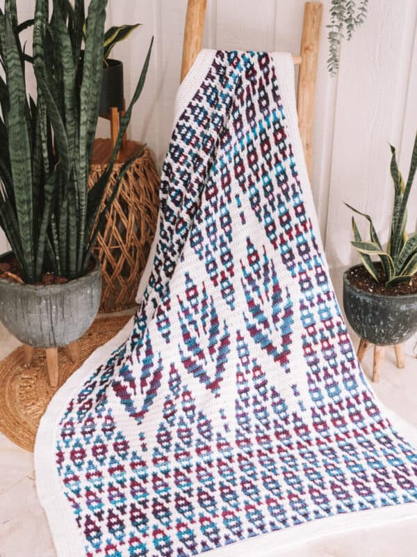Handmade crochet blanket draped over a wooden ladder beside indoor potted plants.
