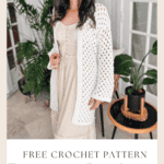 A woman in a cream dress and white crochet cardigan stands indoors next to a potted plant. Text on the image reads, "Free Crochet Pattern: Regency Cardigan + Video Tutorial.