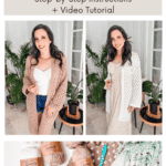 Two images show a woman modeling a crochet cardigan in brown and white. Below, five balls of variously colored yarns with labels saying "Comfy" are displayed next to a partially finished crochet pattern. Text reads, "Free Crochet Pattern EASY STITCH CARDI Step-by-Step Instructions + Video Tutorial.
