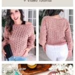 A woman modeling a pink crochet sweater, front and back views, with images of yarn and crochet tools below, and text promoting a free pattern and tutorial.