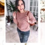A woman in a pink crochet sweater and jeans smiles and gestures, standing in a cozy room with plants, promoting a "Sparrow Crochet Sweater" video tutorial with a free pattern.