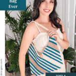 Woman in a white dress holds a striped Rectangle Crochet Bag in blue, beige, and white, standing indoors with plants. Text reads "Easiest Crochet Bag Ever" and "Just a rectangle + 2 seams.