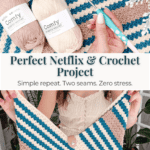 A person holds a blue, white, and beige striped Rectangle Crochet Bag project, with two yarn skeins and a crochet hook on a matching striped piece. Text overlay describes an easy crochet project.