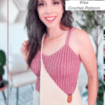 Woman wearing a sleeveless knit top and holding a Rectangle Crochet Bag with a button closure, promoting a free crochet pattern from brianakdesigns.com.