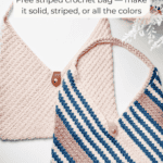 Two rectangle crochet bags with a single handle and button closure; one is solid beige, the other is striped in navy blue, beige, and pink.