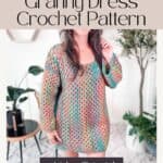 A person wearing a colorful crochet dress is featured in an advertisement for a free granny dress crochet pattern and an accompanying video tutorial. Complete the look with a chic rectangle crochet bag. The room has plants and modern decor.