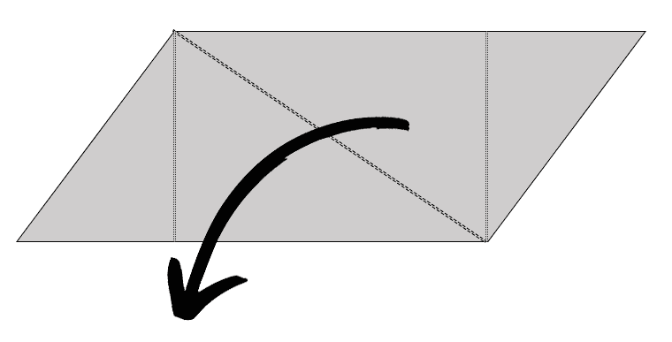 A grey parallelogram, resembling a folded rectangle crochet bag, is depicted with a thick black arrow pointing from the middle of the left side to a point inside the shape. The parallelogram is divided into two triangles by a diagonal line.