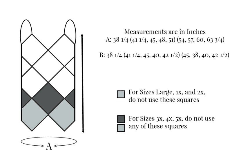 Diagram of a diamond-patterned fabric with measurements in inches. Squares marked to be excluded for certain sizes: gray for sizes Large, 1x, and 2x; dark gray for sizes 3x, 4x, and 5x. Perfect for creating an Easy Granny Square Swim Cover - Free Pattern included.