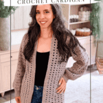 Woman wearing a beige Hummingbird Crochet Cardigan over a black top and jeans, standing in a cozy living room. Text reads: “Hummingbird Crochet Cardigan.”.