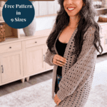 Woman wearing a crocheted Hummingbird Crochet Cardigan stands smiling indoors. Text on image advertises a free hummingbird crochet cardigan pattern available in nine sizes.
