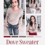 A promotional image for the "Dove Sweater" crochet pattern by Briana K Designs. The flyer features a woman modeling the sweater in various poses. The pattern offers sizes XS to 5X and includes a video tutorial.