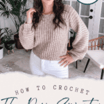 Woman in a beige sweater and white pants standing indoors, next to a text overlay that reads "How to Crochet The Dove Sweater: Free Pattern + Video Tutorial, Sizes XS-5X.