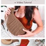 A person holds a brown crocheted cross-body bag. Below, three skeins of yarn and a red crocheted piece are shown alongside a play button icon for a video tutorial. Text reads: "Summer House Cross-Body Bag.