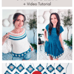 Two women model a crochet top and dress. The text above reads, "Free Crochet Pattern: Summer Granny Top or Dress + Video Tutorial." Below them are crochet squares with a YouTube play icon.