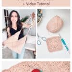 Collage with a woman holding a crochet bag, close-up of crochet tools, a finished square piece, and a YouTube play button. Text reads: "Free Crochet Pattern - Granny Square Flower Bag + Video Tutorial.