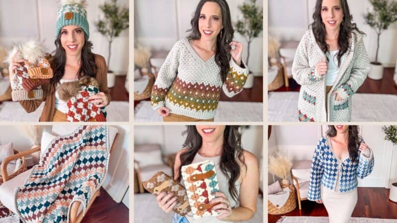 A woman models various crochet knitwear, including sweaters, a blanket, and mittens, all featuring colorful patterns.