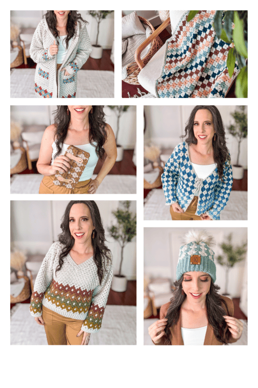 A woman models various crochet cardigans and a knit hat in a well-lit room with neutral decor. She wears a white top and beige pants in each image, showcasing styles that inspire our Crochet & Knit Courses.