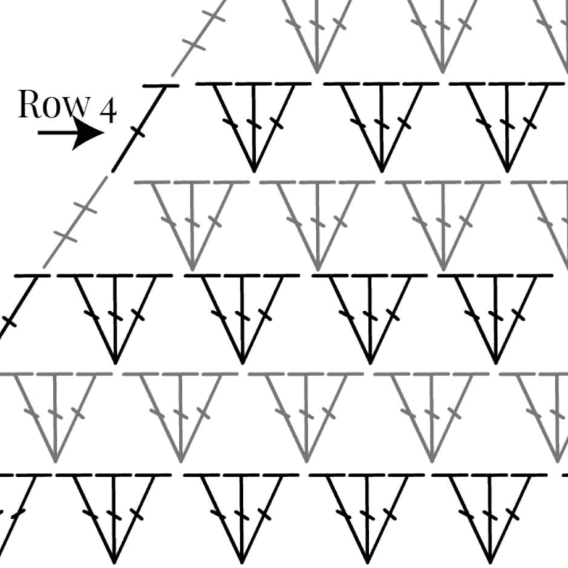 Diagram showing an incomplete triangular pattern made of rows of interconnected V shapes. An arrow points to the fourth row from the top.