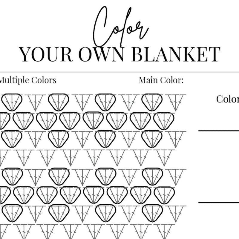 A crochet pattern diagram for a blanket with sections for multiple colors and a main color. The pattern consists of various symbols arranged in rows. Text reads "Color Your Own Blanket.