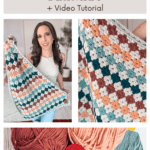 Woman holding a multicolored crochet blanket. Text reads: "Free Crochet Pattern - Colorful Hues Blanket + Video Tutorial." Image also shows close-ups of the blanket and yarn.