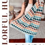 Woman holding a colorful crocheted blanket with a geometric pattern. Text reads "COLORFUL HUES" and advertises a "Free Crochet Blanket Pattern + Video Tutorial.