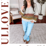 Woman standing indoors modeling a crochet pullover, with text promoting a free granny stitch crochet pattern and video tutorial from brianakdesigns.com.