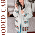 A woman wears a white hooded crochet cardigan with colorful patterns. Text on the image says "Hooded Cardi," "Free Crochet Pattern + Video Tutorial," and "www.brianakdesigns.com.