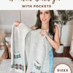 Woman holding a crocheted hooded cardigan with colorful patterns. Text on the image reads "Free Crochet Pattern + Video Tutorial, Hooded Cardigan with Pockets, Sizes XS - 5X, www.brianakdesigns.com".