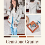 A woman modeling a cream-colored crochet cardigan with colorful square patterns, showcasing the front and back. The image includes crochet materials and a finished square pattern. Text: "Gemstone Granny Cardigan.