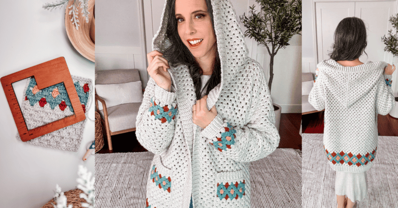 A person wearing a crocheted cardigan with colorful accents poses indoors. The close-up shows the intricate design, and a back view highlights the pattern detail. The cardigan features a hood.