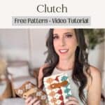 A person holding two crocheted clutches with a text overlay: "How to Crochet A Granny Stitch Clutch: Free Pattern + Video Tutorial". One clutch is brown and beige, the other is multicolored.