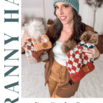 A woman in a brown sweater and tan pants holds crocheted hats with pom-poms. Beside her, text reads “GRANNY HAT” and “Free Crochet Pattern + Video Tutorial www.brianakdesigns.com.”.