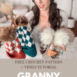 A woman wearing a crocheted hat holds three other crocheted hats with pom-poms. Text on the image reads "Free Crochet Pattern + Video Tutorial: Granny Stitch Hat.