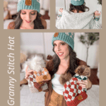 A woman poses with a crochet hat in three different scenes: wearing it, holding a matching shawl, and displaying multiple hats. Text reads "Granny Stitch Hat," "Free Crochet Pattern + Video Tutorial," and "www.brianakdesigns.com.