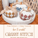 Two crocheted pumpkins on a table with text overlay reading "Free Pattern Included: How to Crochet Granny Stitch Pumpkins.