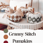 A display of crocheted pumpkins in various colors on a table, with text overlay promoting a free crochet pattern and video tutorial on briannakdesigns.com.