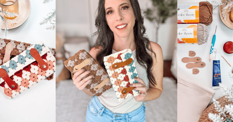 A woman holding crocheted items made from colorful yarn. The image also shows crafting supplies including yarn, a crochet hook, and some Color Theory yarn packaging.