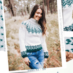A woman stands outdoors wearing a white and green Fair Isle sweater and jeans. Text reads: "Pine Crochet Sweater Pattern, Free Crochet Pattern & Video Tutorial, Sizes XS - 5X.