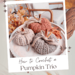 A photo shows three crocheted pumpkins in different colors on a wooden tray. The text reads, "How to Crochet a Pumpkin Trio. Free Pattern + Video Tutorial. www.BRIANA K DESIGNS.com".