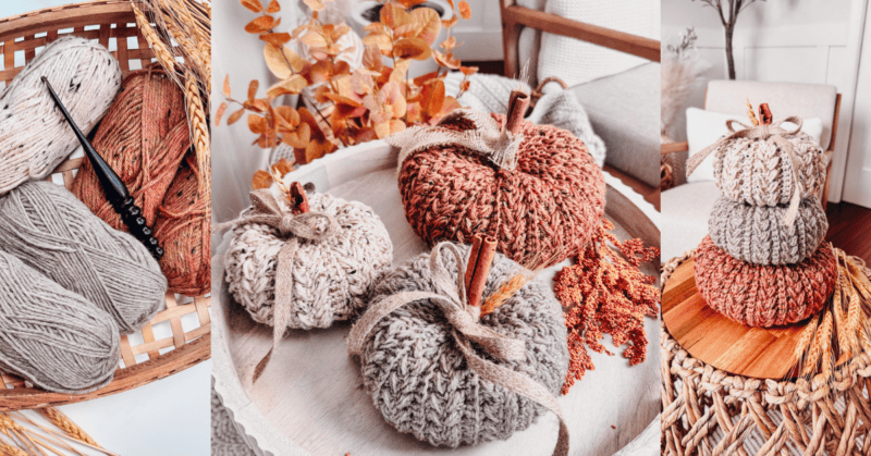 A basket with yarn and a crochet hook, knitted pumpkins in neutral and earthy tones on a platter, and a stack of knitted pumpkins, alongside autumn-themed decor.