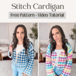 Two images of a person wearing crocheted granny stitch cardigans in blue and multicolored variations with text: "How to Crochet Colorful Granny Stitch Cardigan - Free Pattern + Video Tutorial.