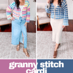 Side-by-side images of a woman wearing different crochet cardigans: one multicolored over a white top and denim skirt, and the other blue-and-white over a white top and beige skirt. Text reads "granny stitch cardi.