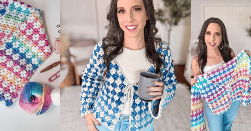 A woman wearing a blue and white crocheted cardigan holds a grey mug. Surrounding images show a multicolored crochet pattern and the woman displaying a completed crochet project.