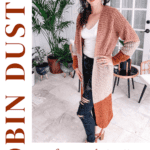 A woman models a long, color-block crochet cardigan. The text "Robin Duster," "free crochet pattern," and "video tutorial" are displayed along with a website URL: www.brianakdesigns.com.