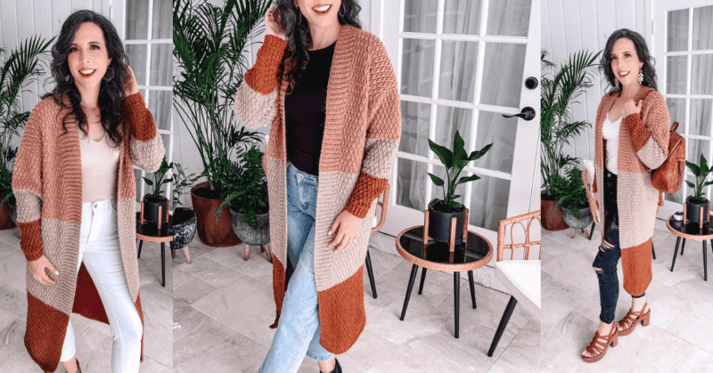 Three images of a person in a room with plants and a white door. They wear a striped, long cardigan in different outfits: with white pants and beige top, with jeans, and with ripped jeans and white top.