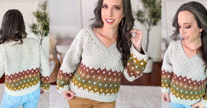 Woman wearing the Shades of Diamonds Crochet Pullover, featuring a white and multicolored striped pattern. Posing in front of a light background, three views are shown: back, front, and side. The sweater showcases green, brown, and orange accents.