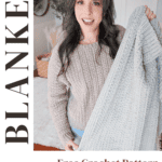 A woman holding a crochet blanket with text that reads "BLANKET: Free Crochet Pattern + Video Tutorial" and a website link to www.brianakdesigns.com.